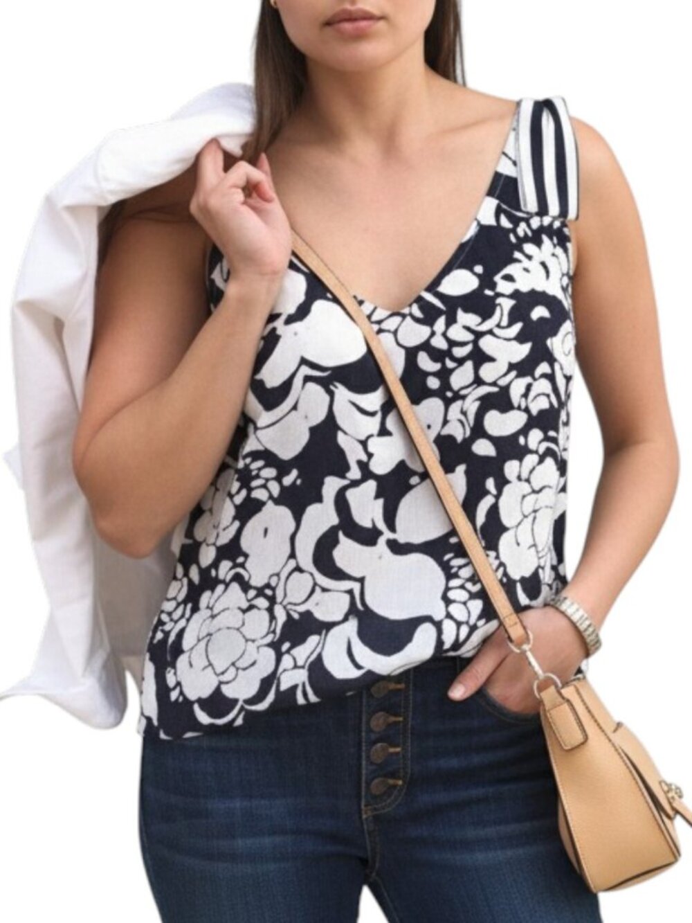 CABi #5731 Navy and White Bubble Floral Shoulder Strap Tank Women's Size S